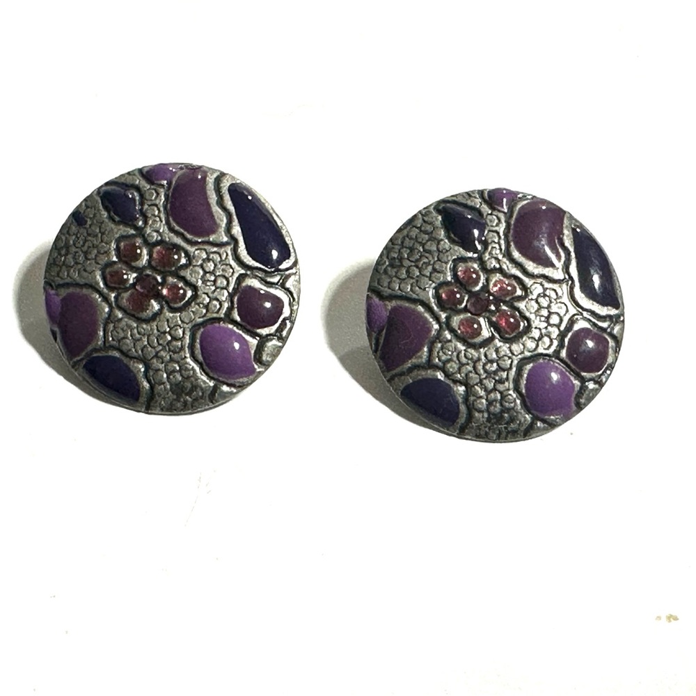 Vintage Round Textured Silver Gray & Purple Repousse Button Earrings